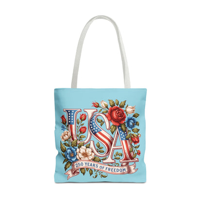 Floral USA -- Happy 250th Birthday America Tote Bag — Patriotic 4th of July Celebration Tote