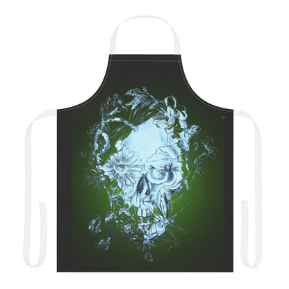Floral Skull and Dragonfly Tattoo Art (Green) on Black Apron