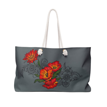 Floral Red Poppy Weekender Bag — Overnight Tote & Beach Bag