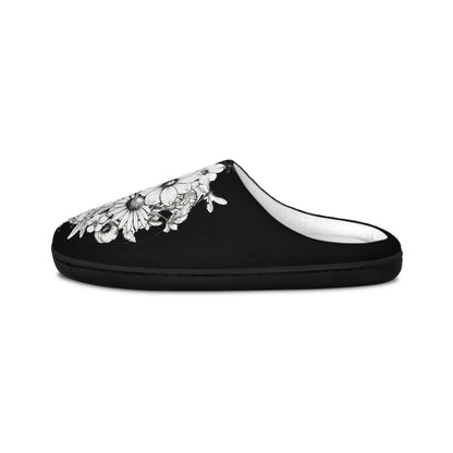 Floral Skull Art  - Black & White Comfy House Slippers