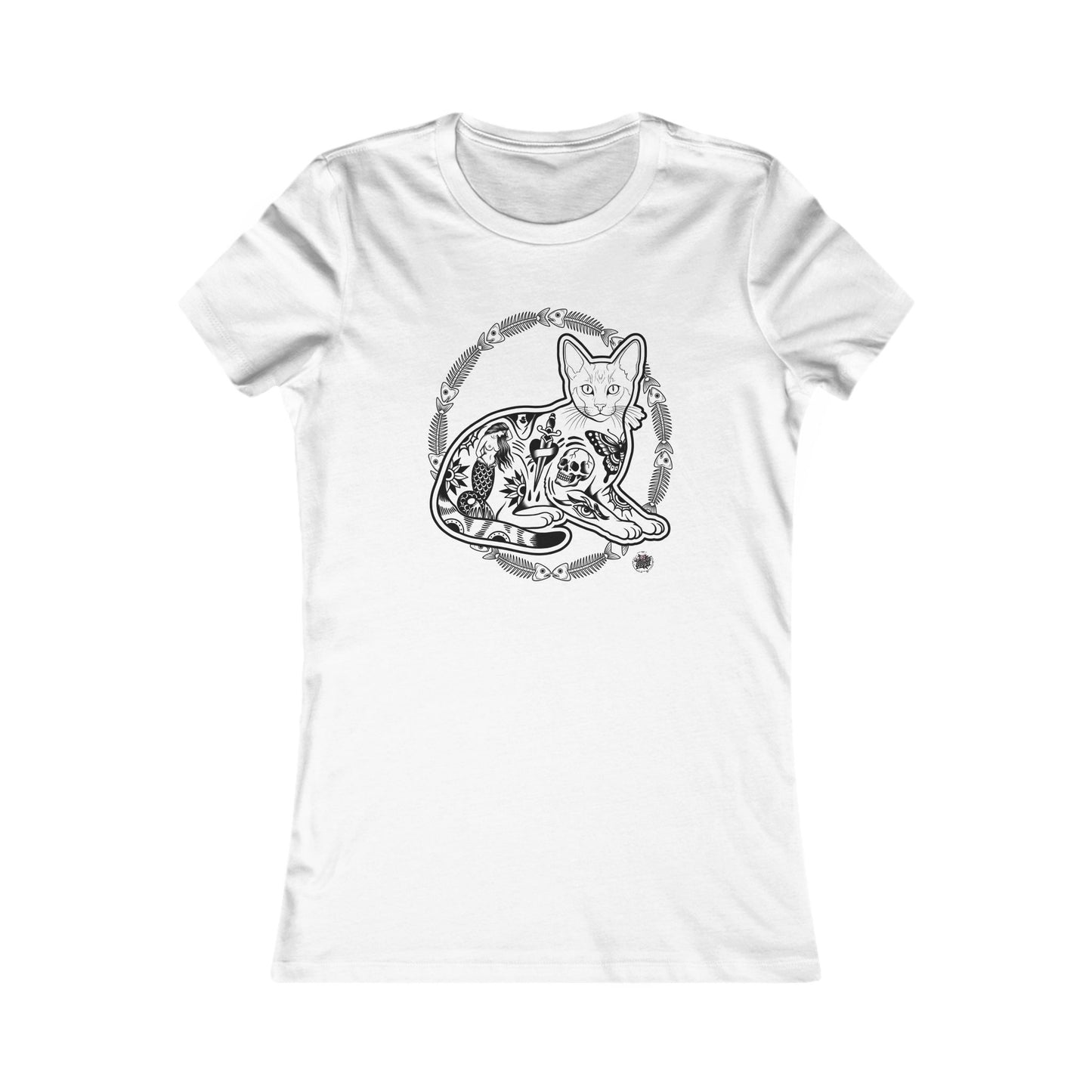 Tattooed Cat Fish Bones Circle Original Tattoo Artwork - White TShirt - Ladies Tee