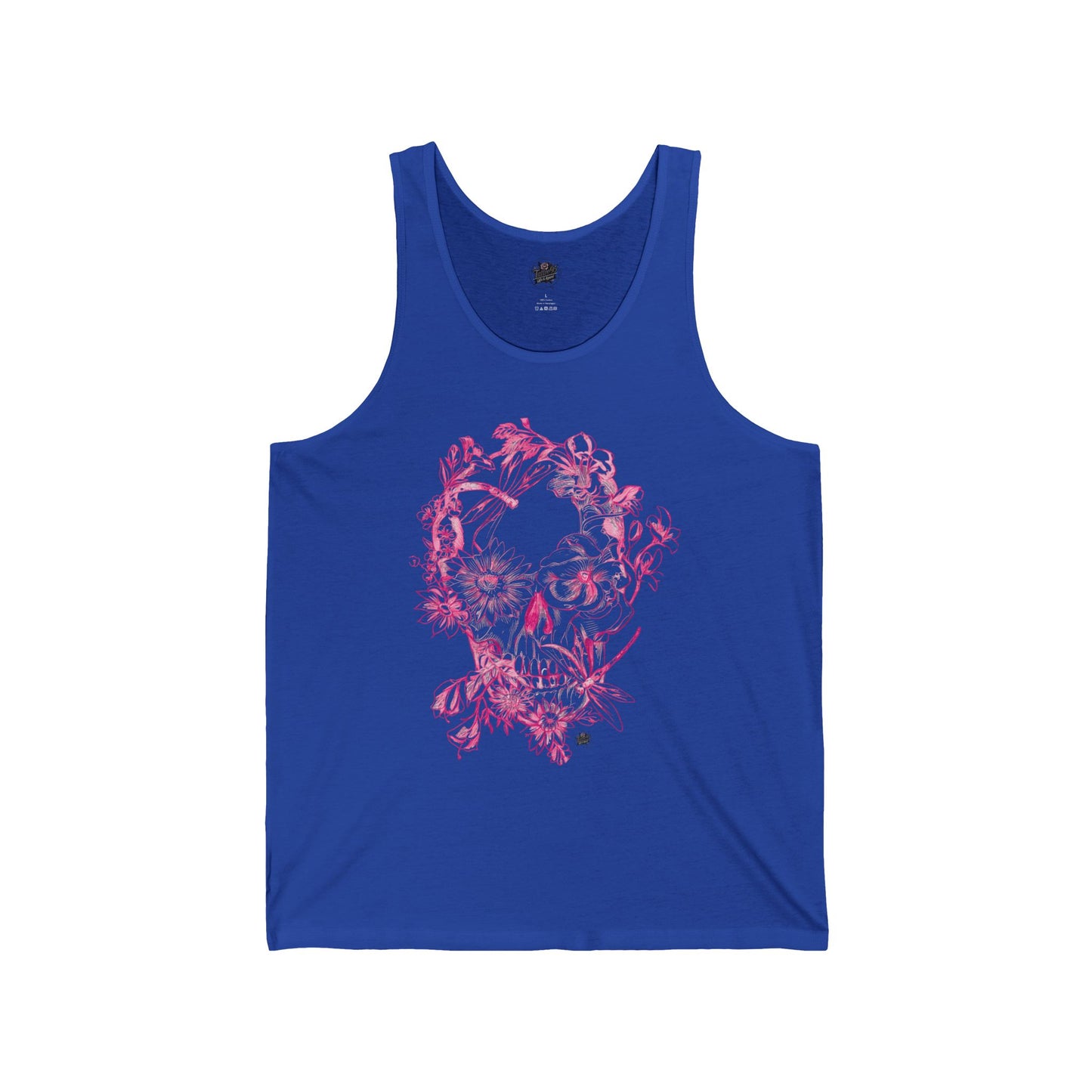 Floral Skull and Dragonfly Tattoo Art (Pink) — Tattoo Art Unisex Jersey Tank