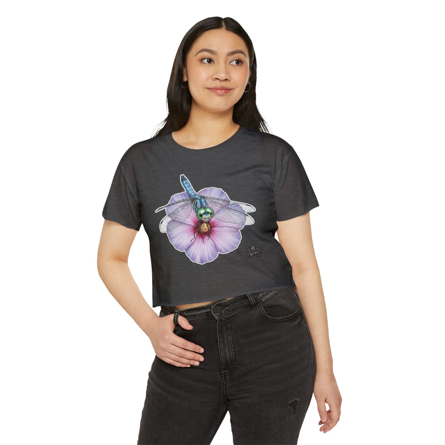 Dragonfly Hibiscus - Charcoal Cropped TShirt (XS-2XL)