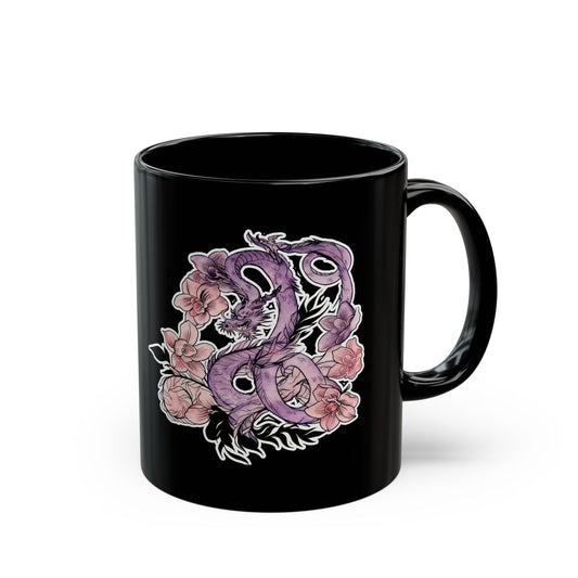 Dragon Orchids - Black Coffee Mug — Matte Tattoo Floral Design (11oz & 15oz)