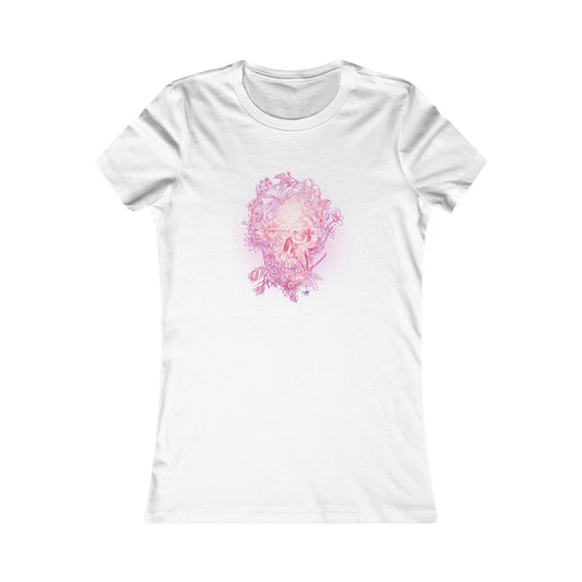 Floral Skull and Dragonfly Tattoo Art (Pink) - Pick from 10 colors in Women’s Tee — Slim Fit Favorite