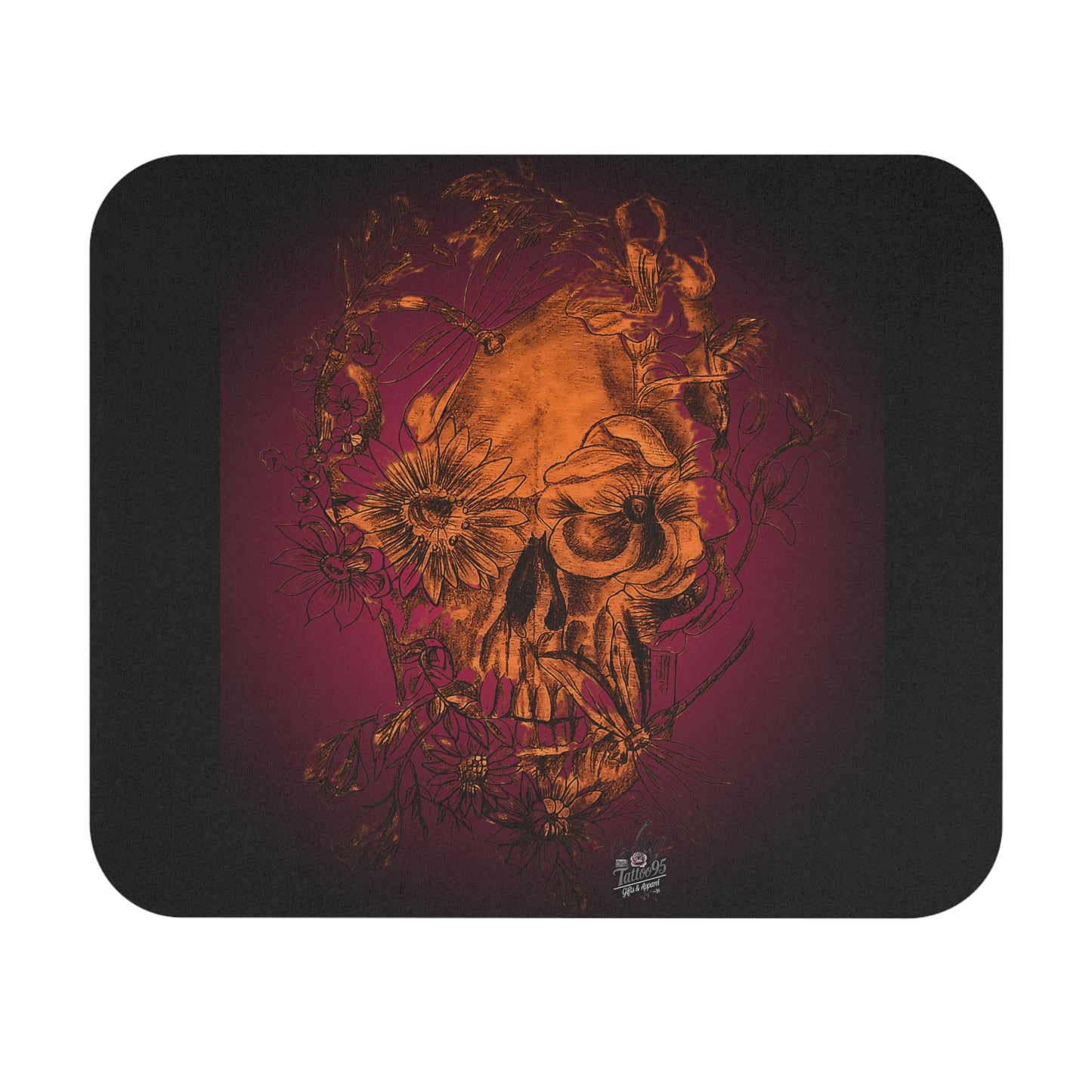 Floral Skull and Dragonfly Tattoo Art (Orange) - Black Mouse Pad