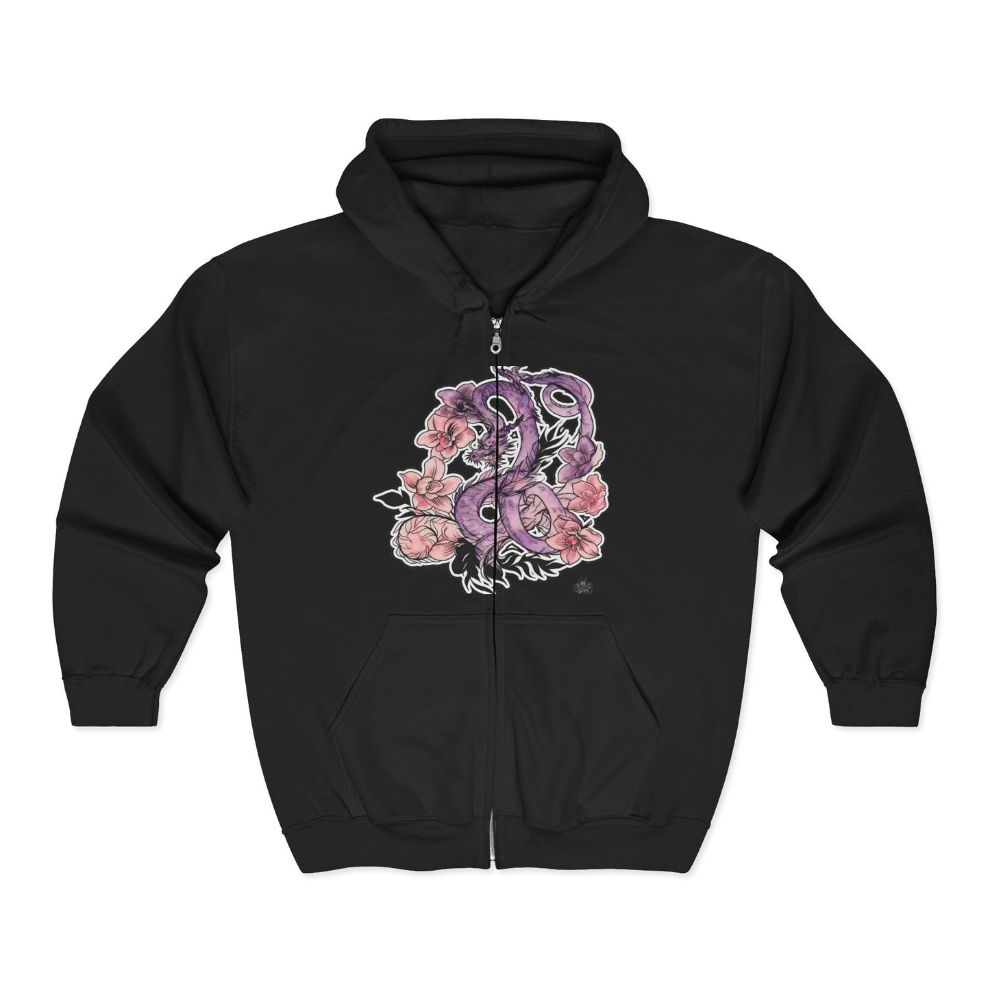 Dragon Orchids - Black Full-Zip Hoodie — Tattoo Art Heavy Blend Sweatshirt