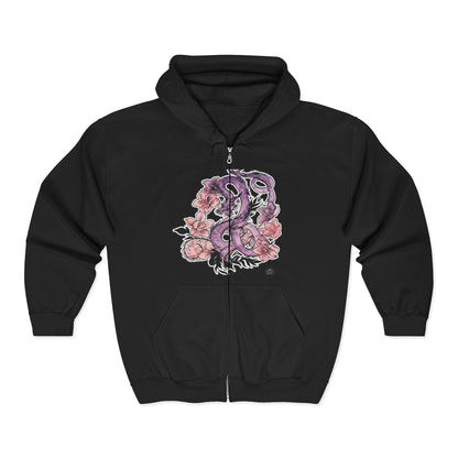 Dragon Orchids - Black Full-Zip Hoodie — Tattoo Art Heavy Blend Sweatshirt