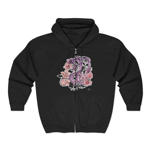 Dragon Orchids - Black Full-Zip Hoodie — Tattoo Art Heavy Blend Sweatshirt