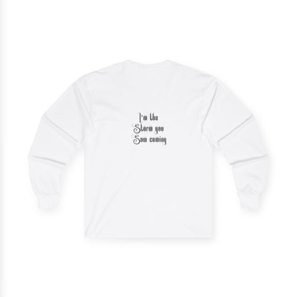 Live Free, Sail Wild Pirate Lady with Back Quote "I’m the Storm You Saw Coming" - Gildan Adult Long Sleeve Ultra Cotton T-Shirt