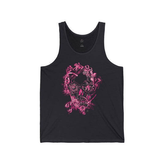 Floral Skull and Dragonfly Tattoo Art (Pink) — Tattoo Art Unisex Jersey Tank
