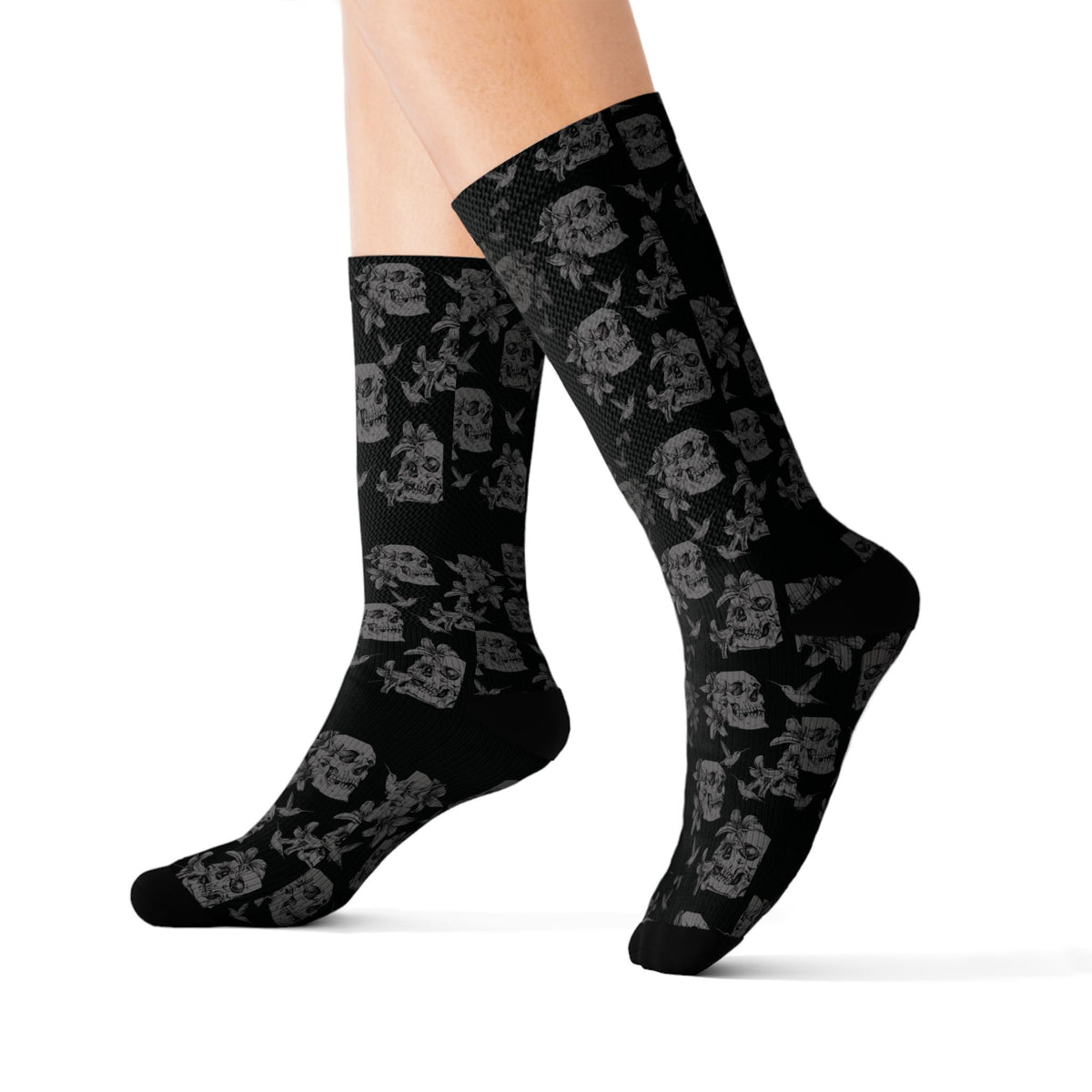 Skull Lily Tattoo Artwork Sublimation Socks — Black Gothic Crew Socks for Halloween & Everyday
