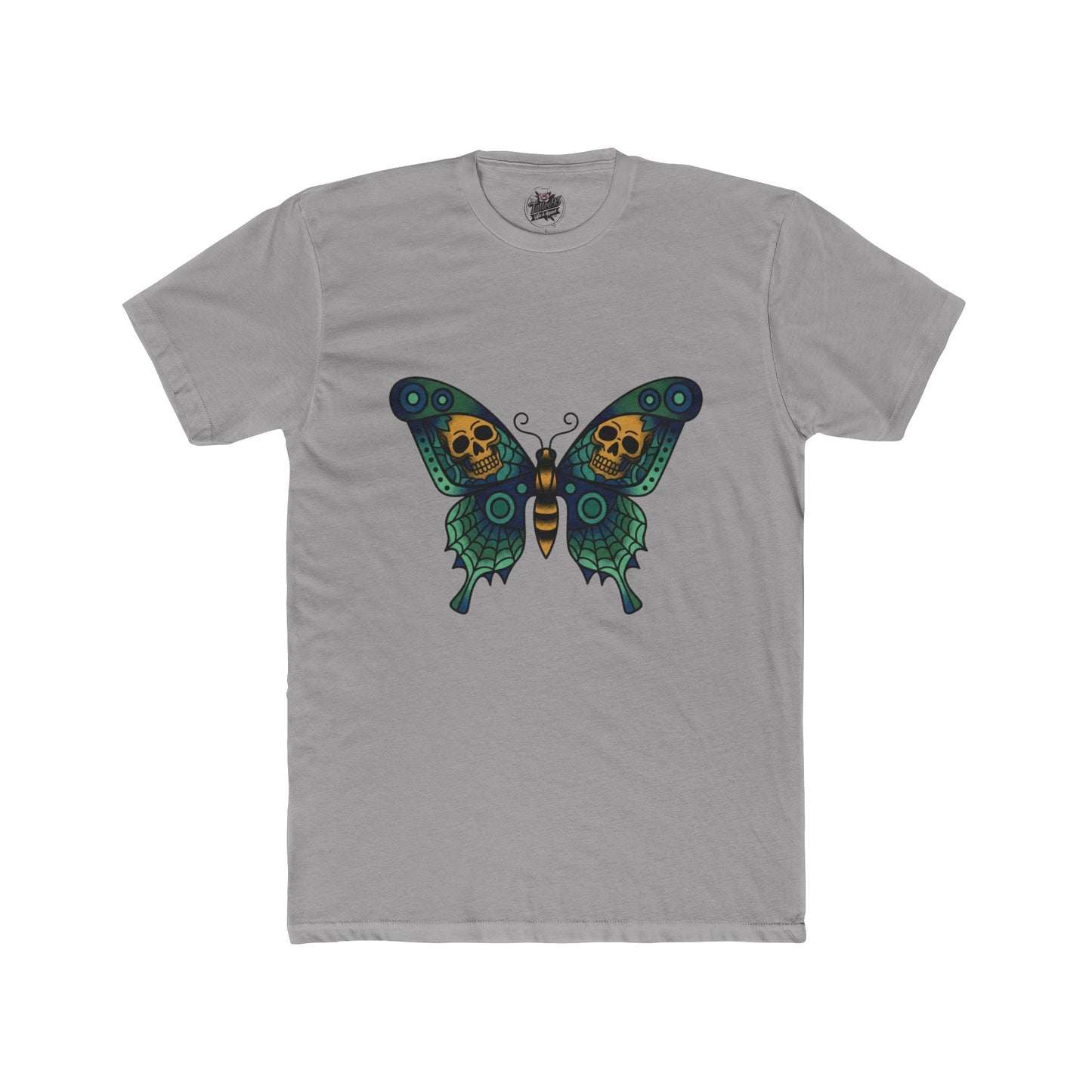 Butterfly Skulled Wings - Crew Tee — Blue Graphic 'Quiet Promise' Cotton Tee