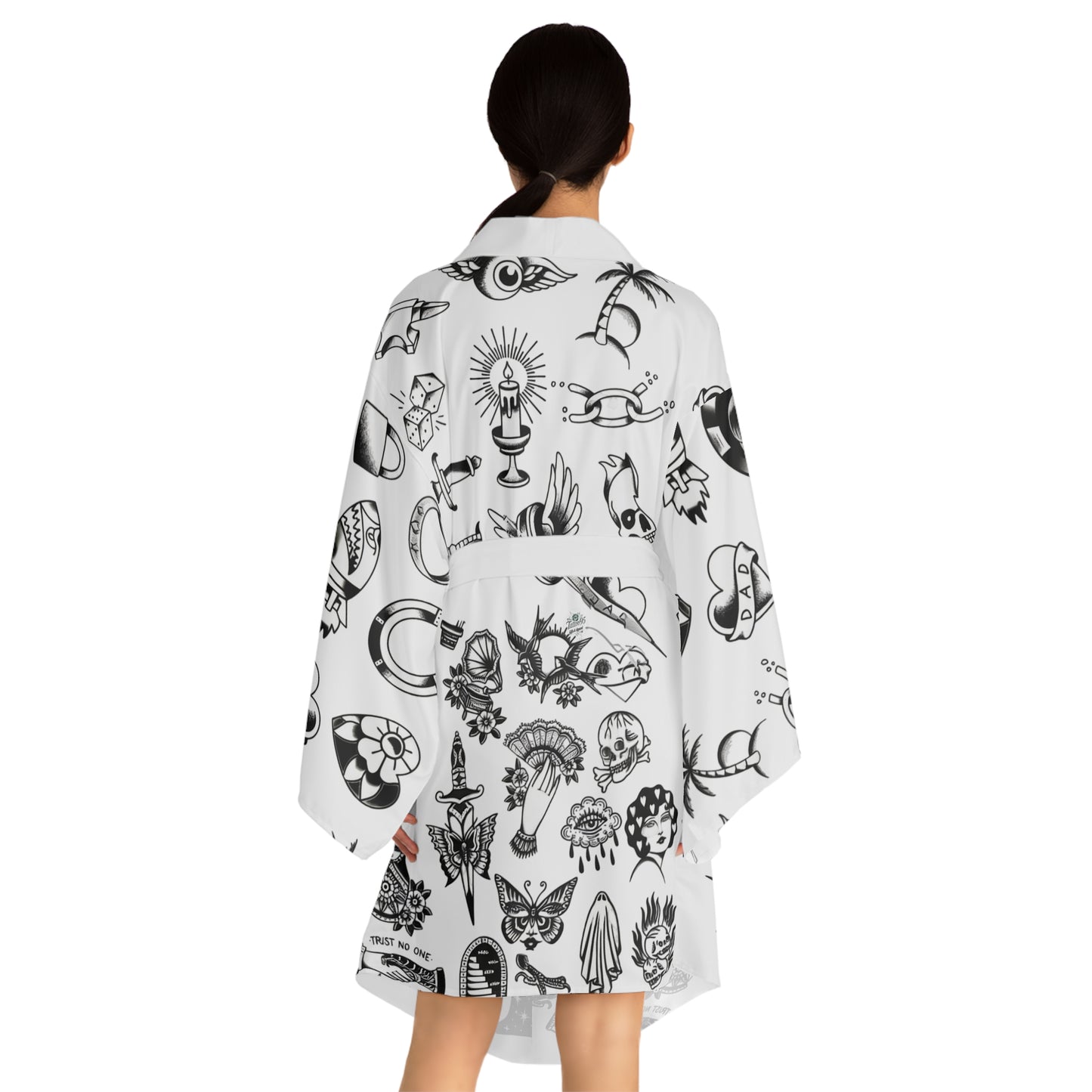 Silken Tattoo-Style Kimono Robe — Mid-Length Bell Sleeve Lounge & Evening Wrap