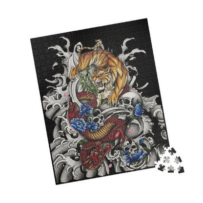 Tiger, Dragon & Skulls - Tattoo-Style Puzzle — Jewel-Toned Glossy Art (110/252/520/1014 pcs)