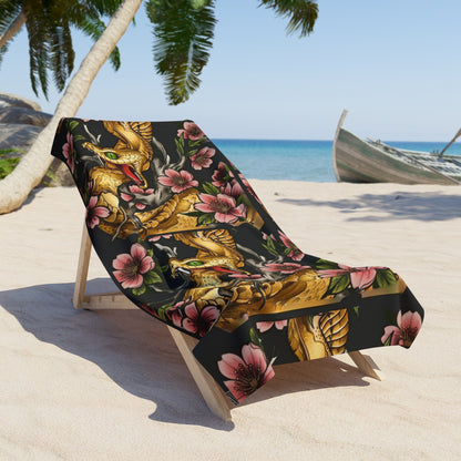 Snake & Red Bloom Dark Floral Beach Towel -- Lunar New Year