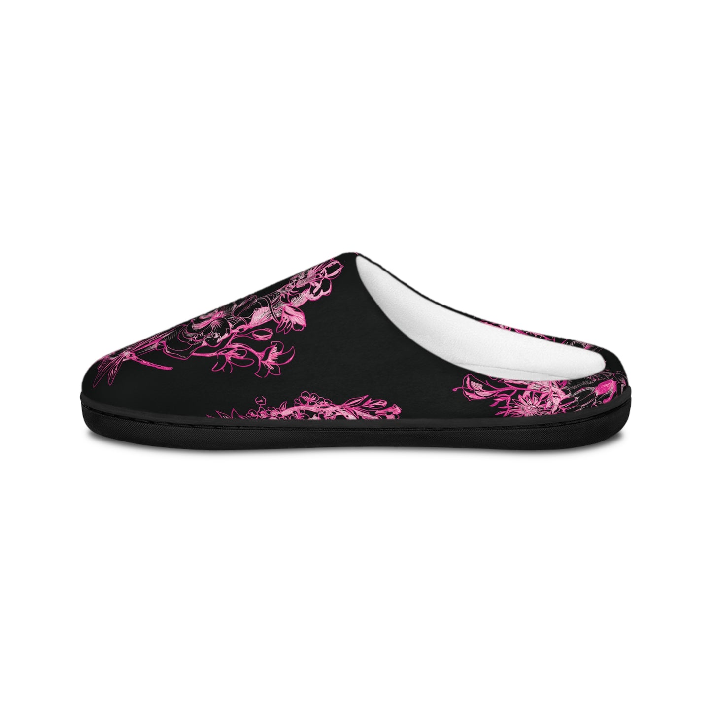 Floral Skull and Dragonfly Tattoo Art (Pink) - Black & Pink Comfy House Slippers