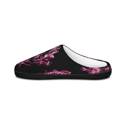 Floral Skull and Dragonfly Tattoo Art (Pink) - Black & Pink Comfy House Slippers