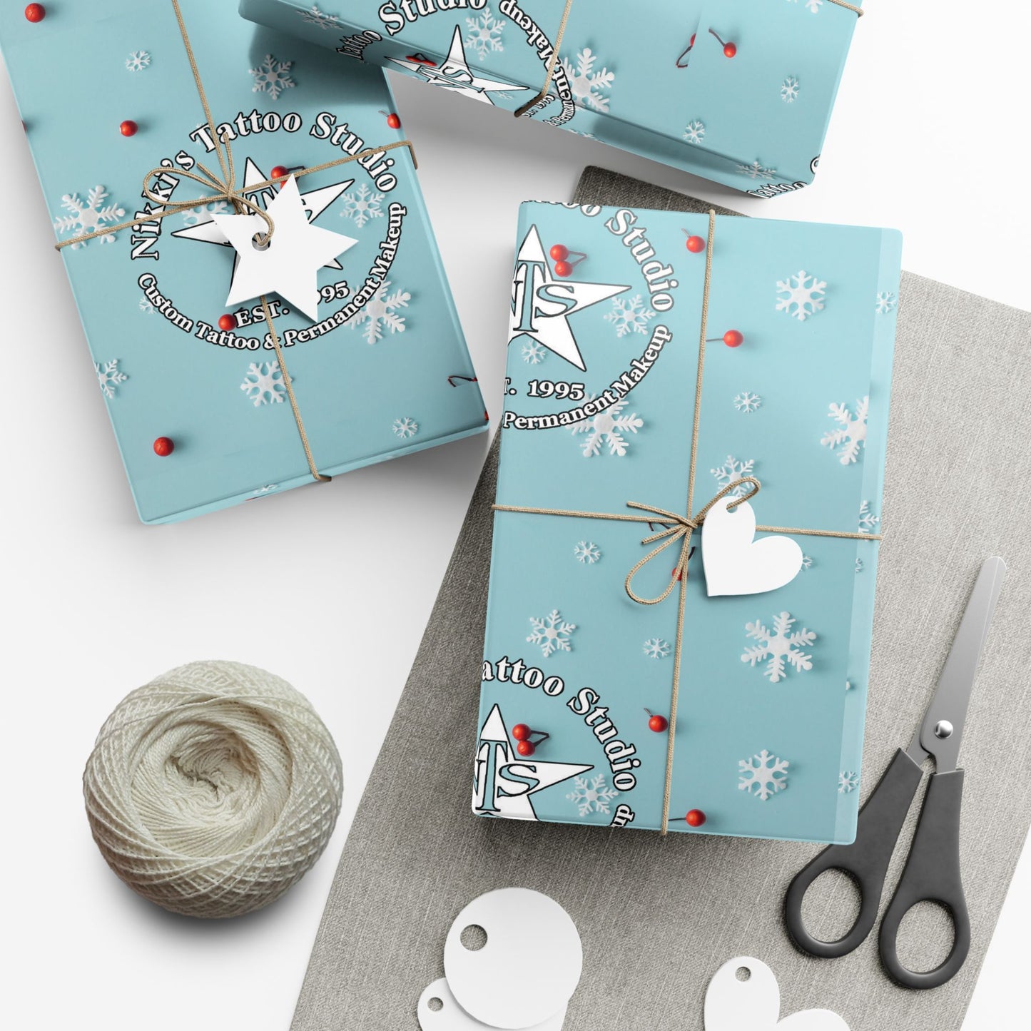 Nikki's Tattoo Studio Holiday Gift Wrapping (Matte or Satin) Snowflakes & Cherries Artwork