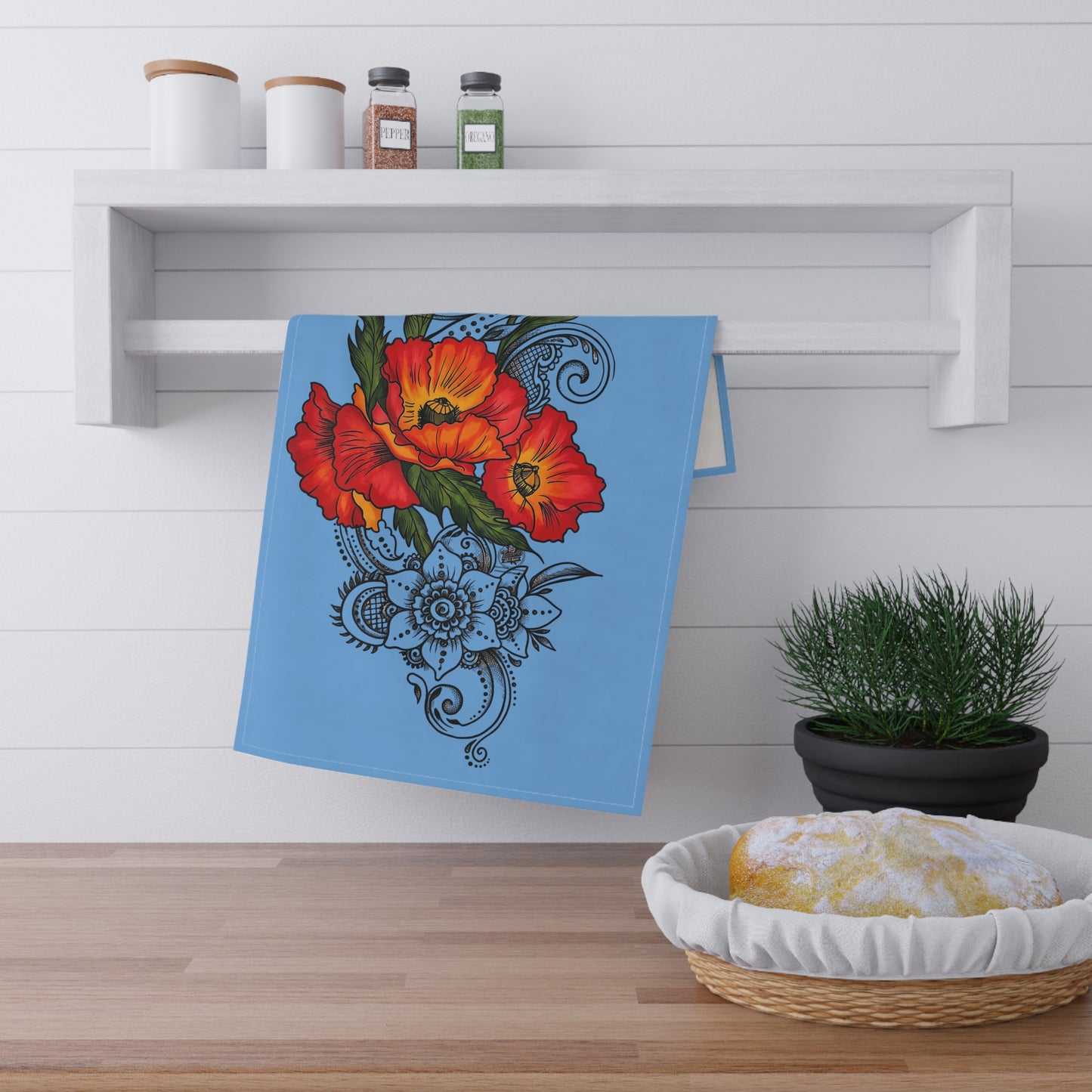 Floral Red Poppy Tea Towel — Bright Red Poppies on Sky Blue Kitchen Towel