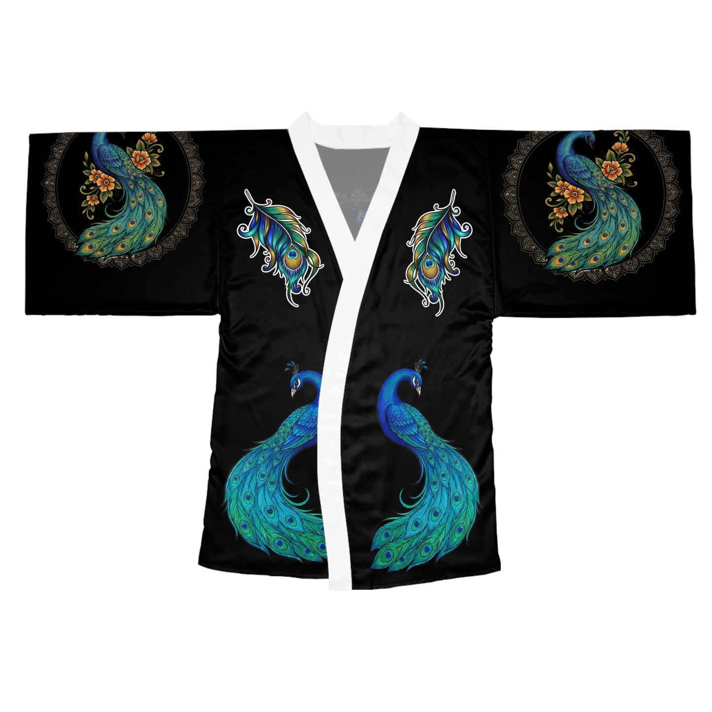 Floral Peacock Mandala - Kimono Robe — Mid‑Length Silk‑Like Wrap