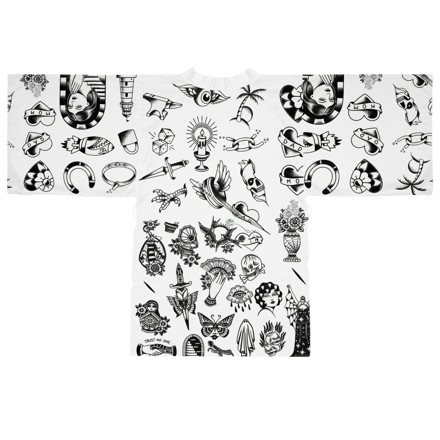 Silken Tattoo-Style Kimono Robe — Mid-Length Bell Sleeve Lounge & Evening Wrap