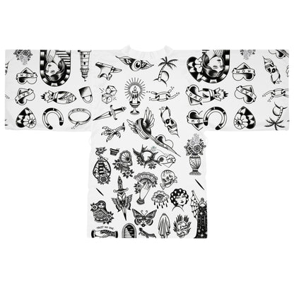 Silken Tattoo-Style Kimono Robe — Mid-Length Bell Sleeve Lounge & Evening Wrap