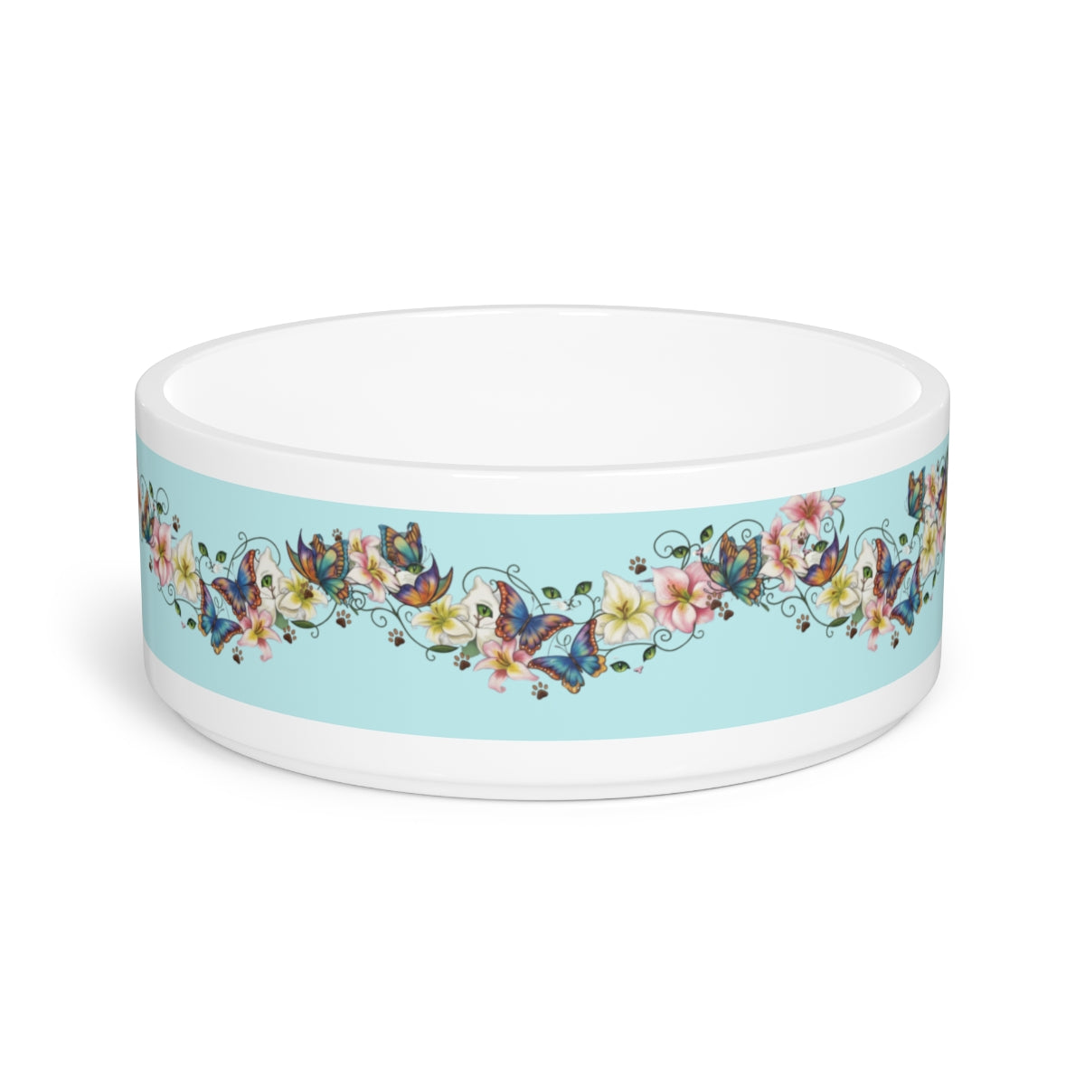 Floral Butterfly Pet Bowl — Ceramic Dog & Cat Food Dish