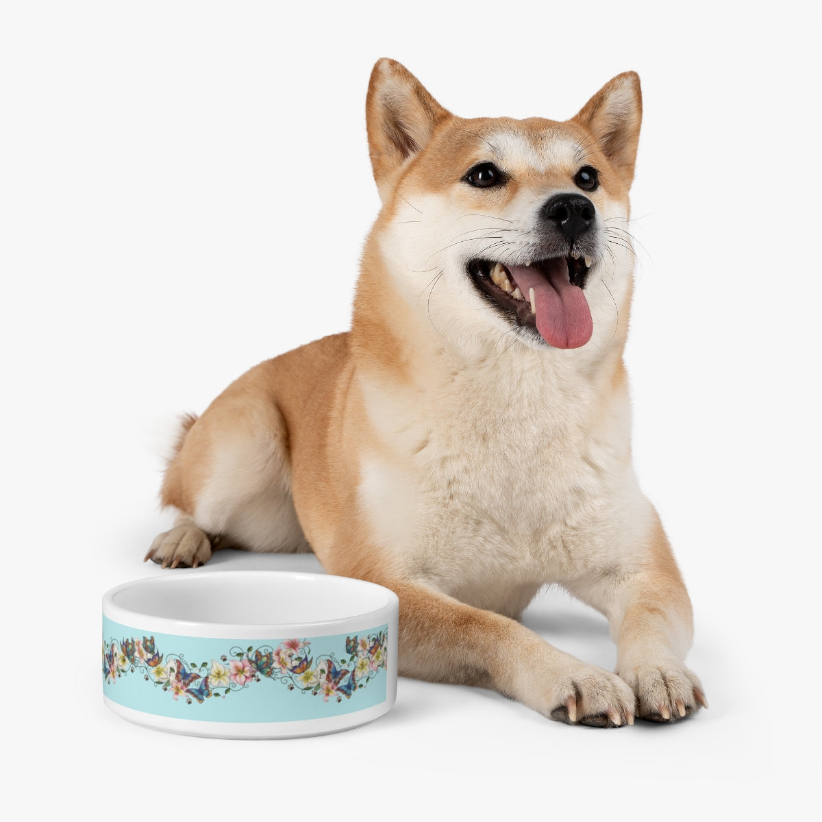 Floral Butterfly Pet Bowl — Ceramic Dog & Cat Food Dish