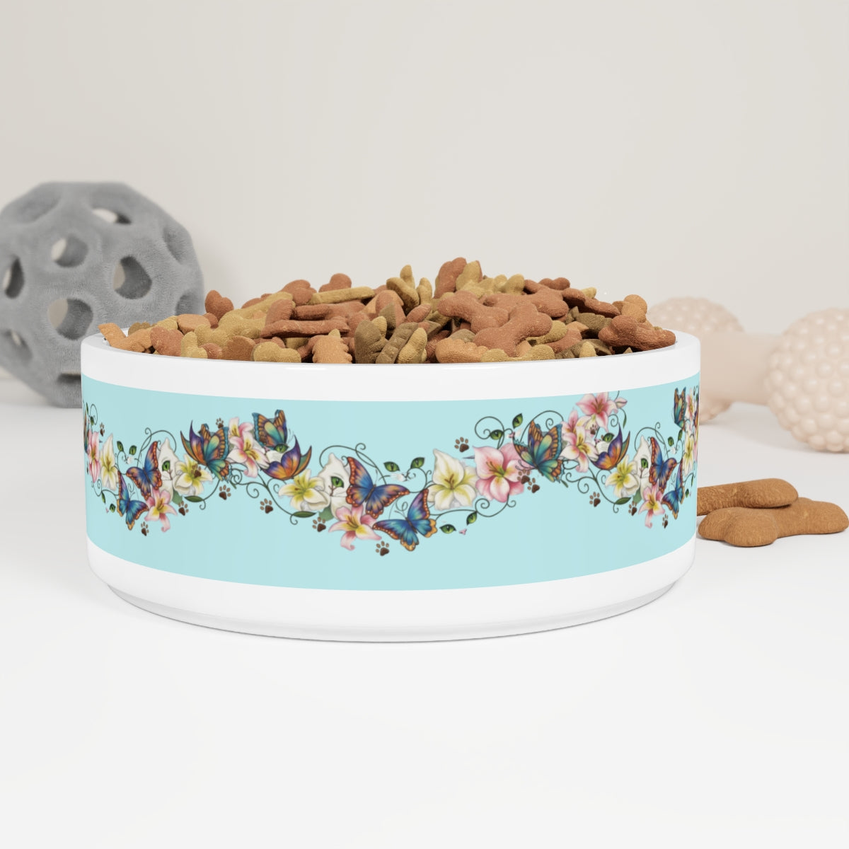 Floral Butterfly Pet Bowl — Ceramic Dog & Cat Food Dish