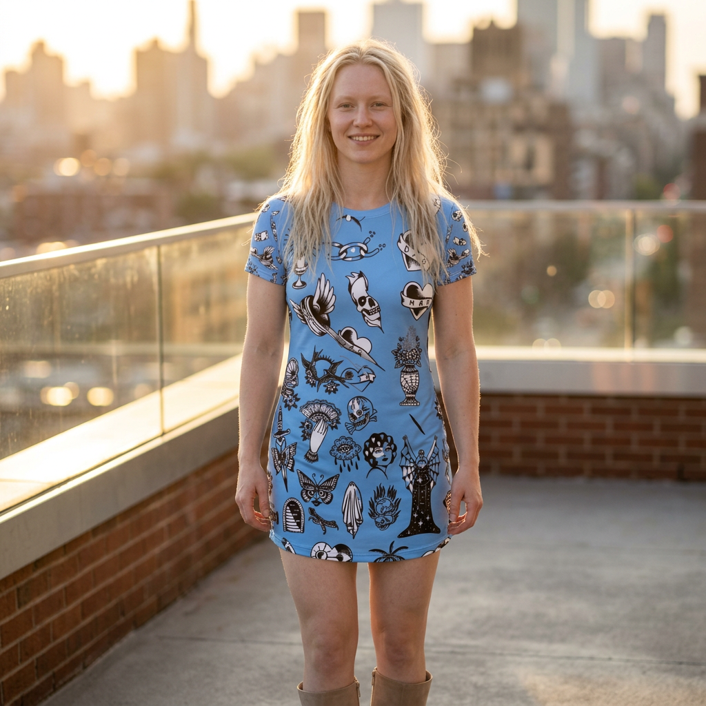 Tattoo Flash All-Over Print T‑Shirt Dress — Original Mini Tattoo Artwork