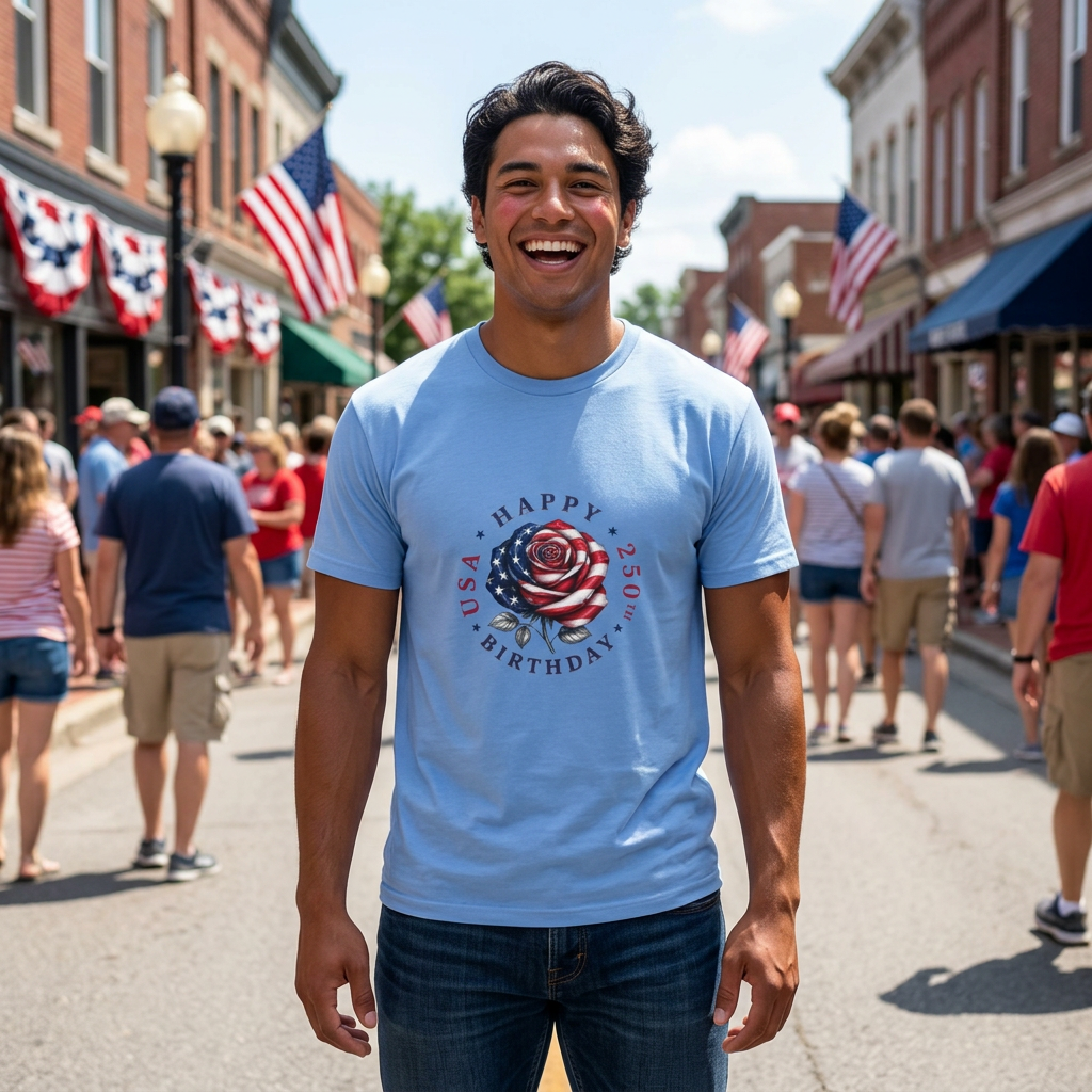Happy Birthday America Rose Tattoo - Gildan Black T-Shirt — Artistic Portrait Graphic Tee