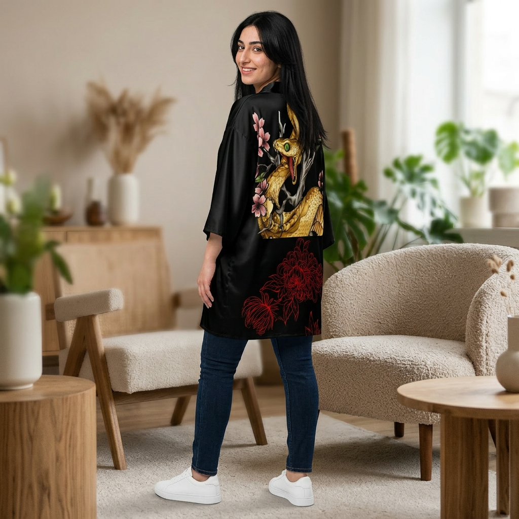 Snake & Red Bloom -- Silk-Touch Mid-Length Kimono Robe