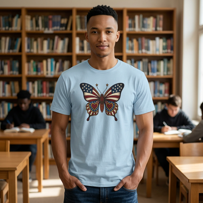 Butterflies Are Free US Flag Graphic Tee — Patriotic Butterfly Crew Tee