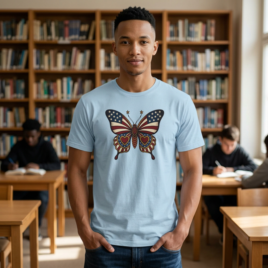 Butterflies Are Free US Flag Graphic Tee — Patriotic Butterfly Crew Tee