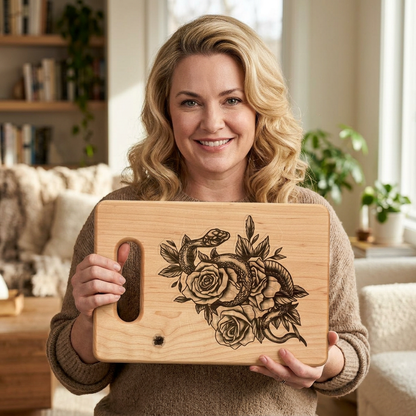 Snake & Roses Engraved Wooden Cutting Board — Decorative Paddle & Rectangular Serving Board