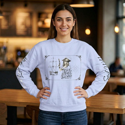 Live Free, Sail Wild Pirate Lady with Back Quote "I’m the Storm You Saw Coming" -  Unisex Crewneck sweatshirt