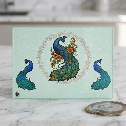 Floral Peacock - Glass Cutting Board — Decorative Tempered Glass Chopping Board with Elegant Peacock Design