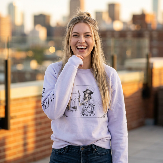 Live Free, Sail Wild Pirate Lady with Back Quote "I’m the Storm You Saw Coming" -  Unisex Crewneck sweatshirt