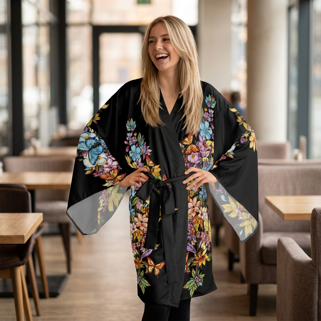 Butterfly Cascading Flowers - Kimono Robe — Silk-Touch Mid-Length Tattooed Print