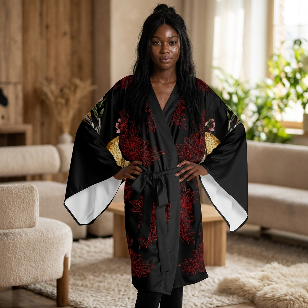 Snake & Red Bloom -- Silk-Touch Mid-Length Kimono Robe
