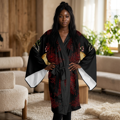 Snake & Red Bloom -- Silk-Touch Mid-Length Kimono Robe