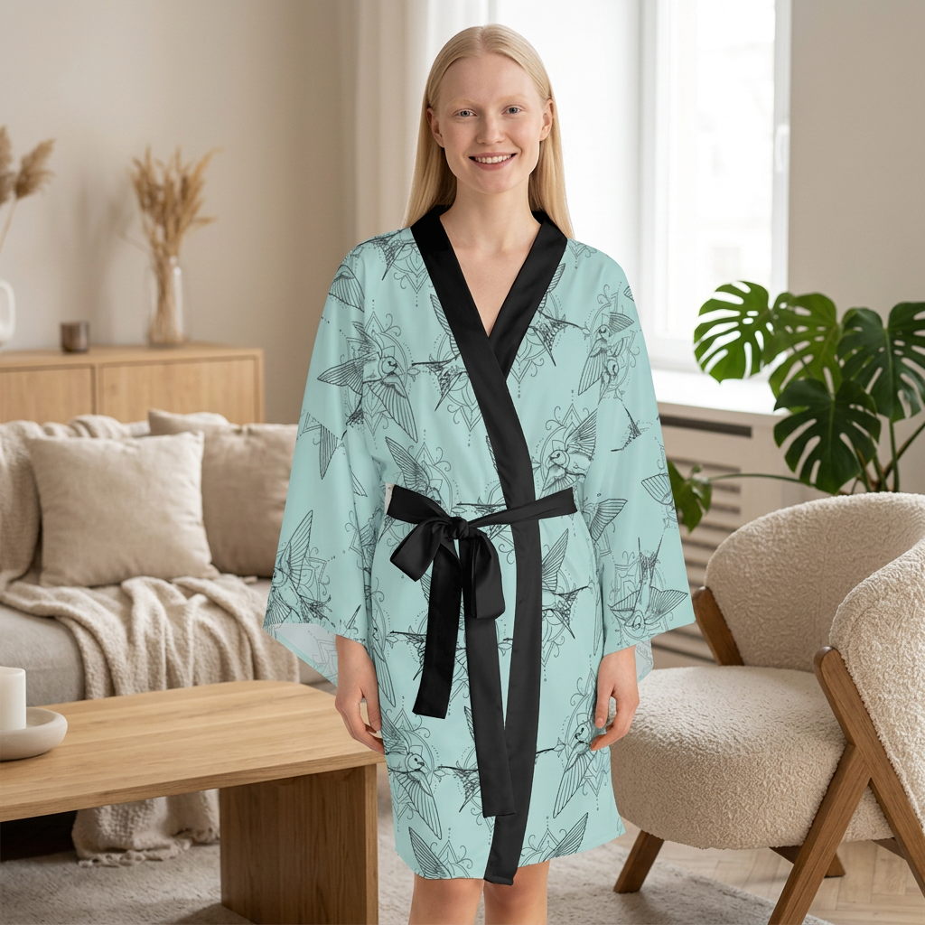 Swallow Bird Print Kimono Robe — Mid-Length Bell Sleeve Lounge & Evening Wrap