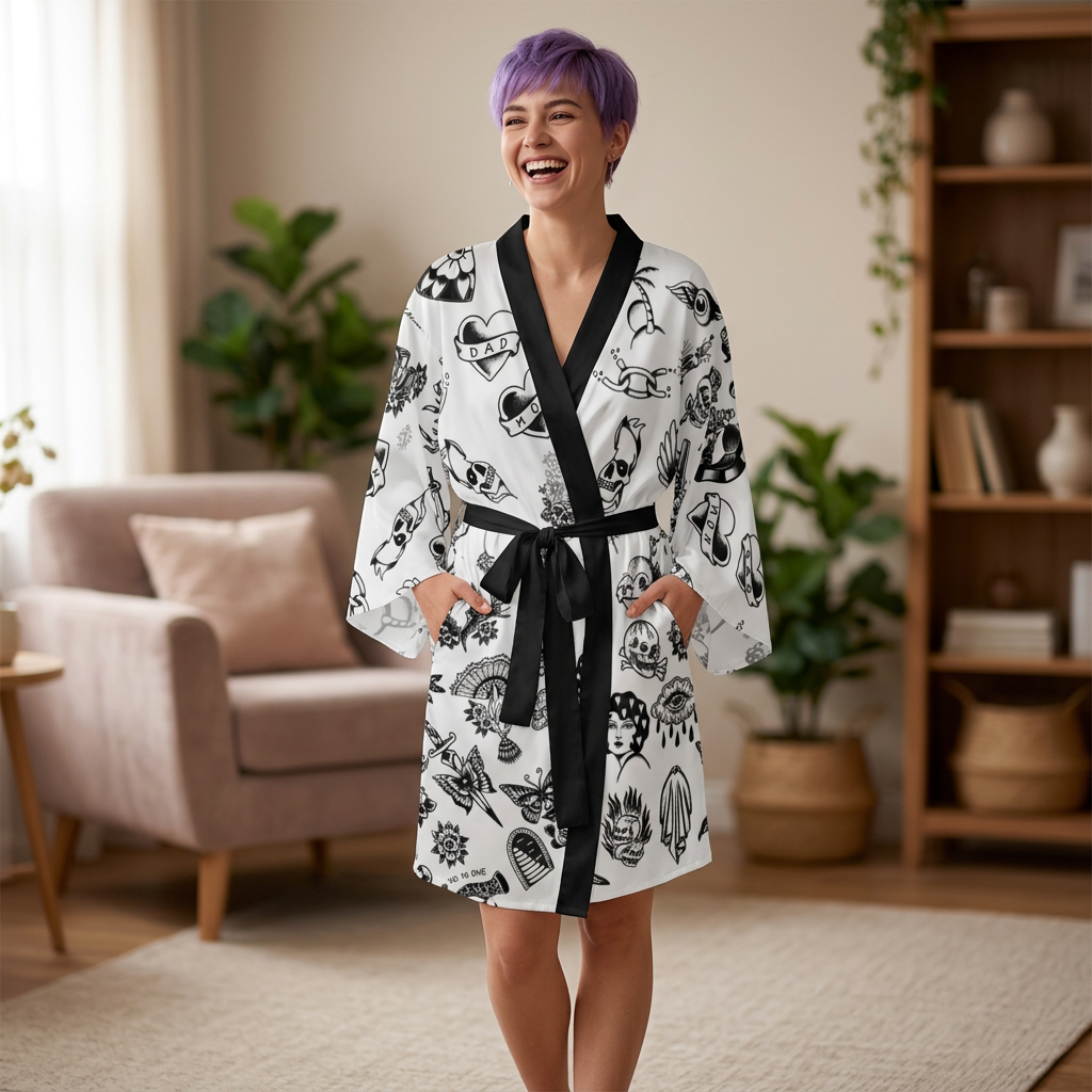 Silken Tattoo-Style Kimono Robe — Mid-Length Bell Sleeve Lounge & Evening Wrap