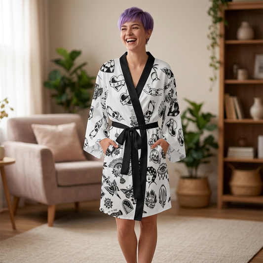 Silken Tattoo-Style Kimono Robe — Mid-Length Bell Sleeve Lounge & Evening Wrap