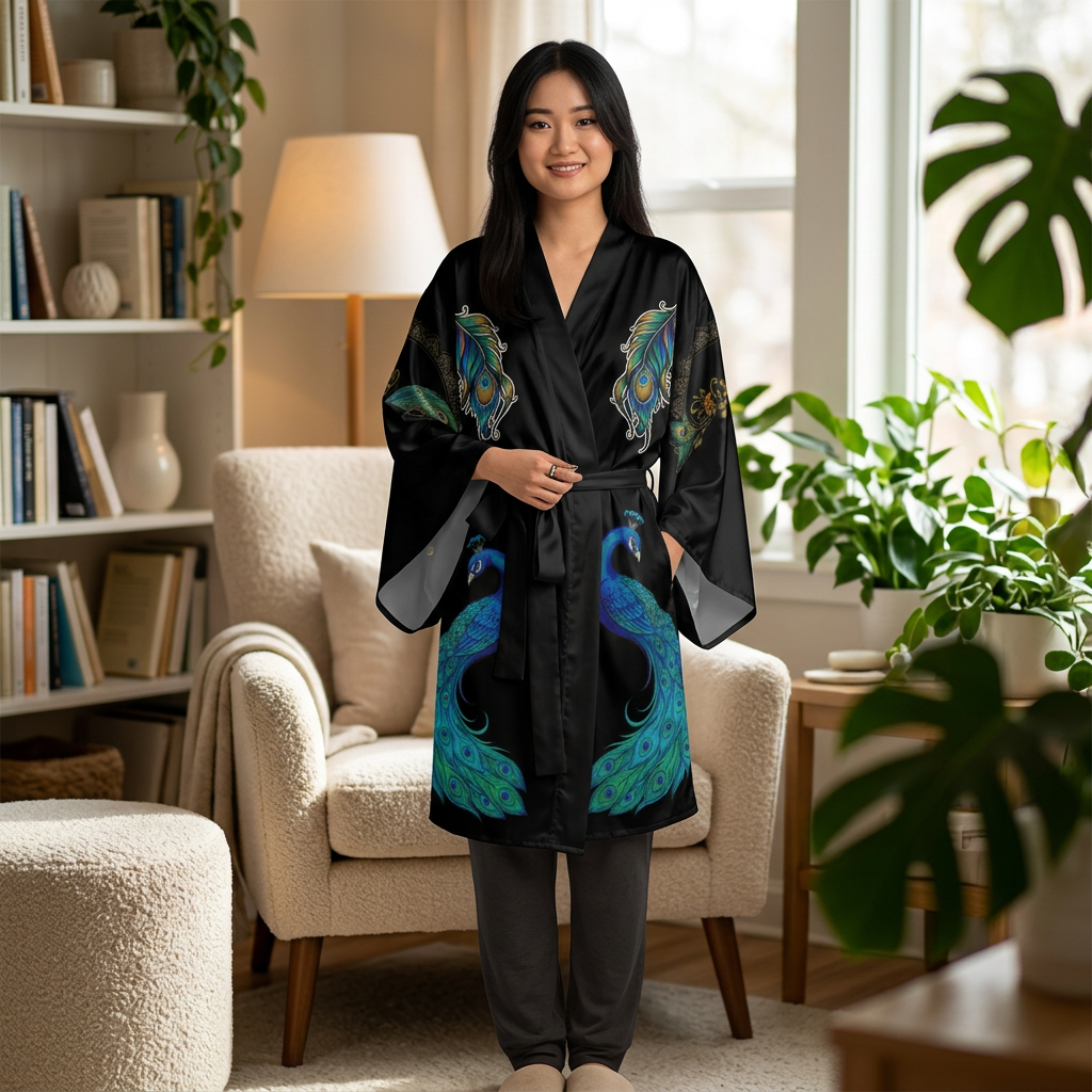 Floral Peacock Mandala - Kimono Robe — Mid‑Length Silk‑Like Wrap