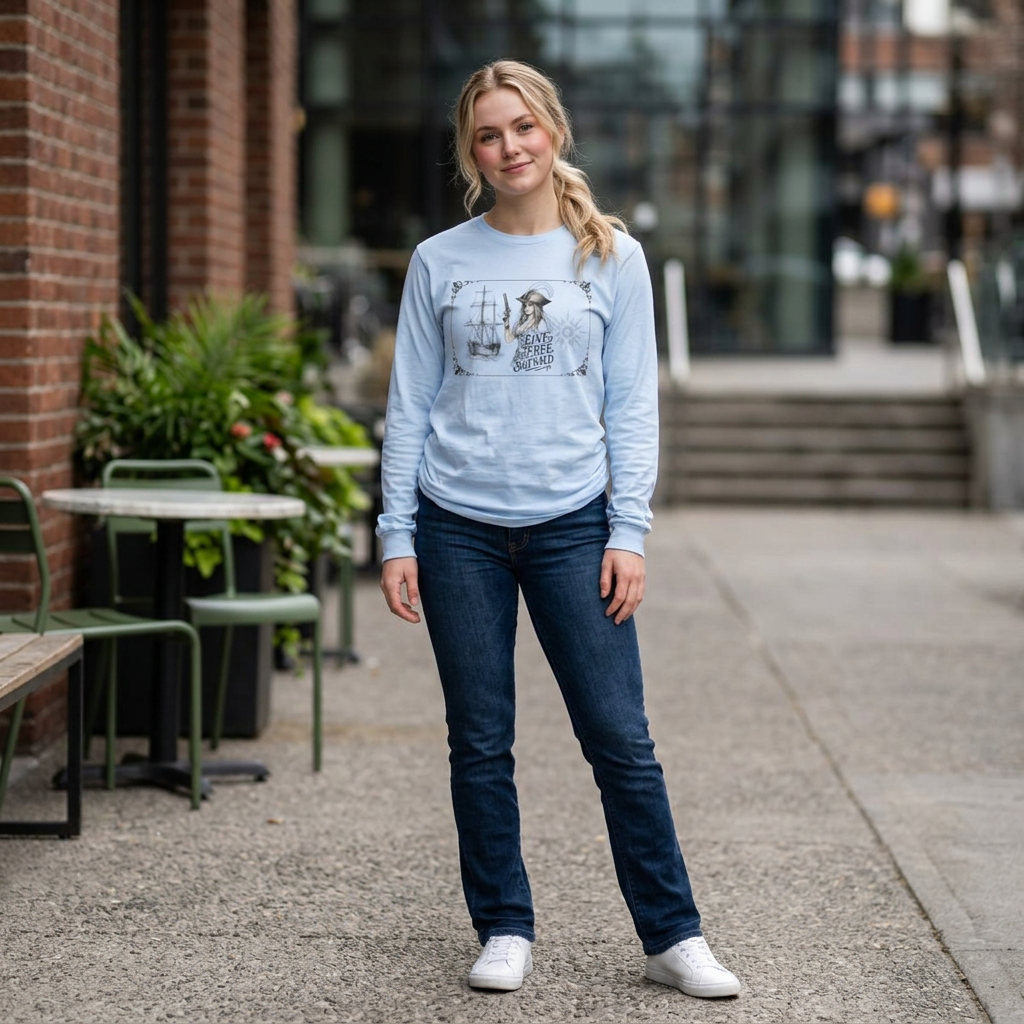 Live Free, Sail Wild Pirate Lady with Back Quote "I’m the Storm You Saw Coming" - Gildan Adult Long Sleeve Ultra Cotton T-Shirt