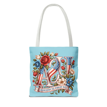 Floral USA -- Happy 250th Birthday America Tote Bag — Patriotic 4th of July Celebration Tote