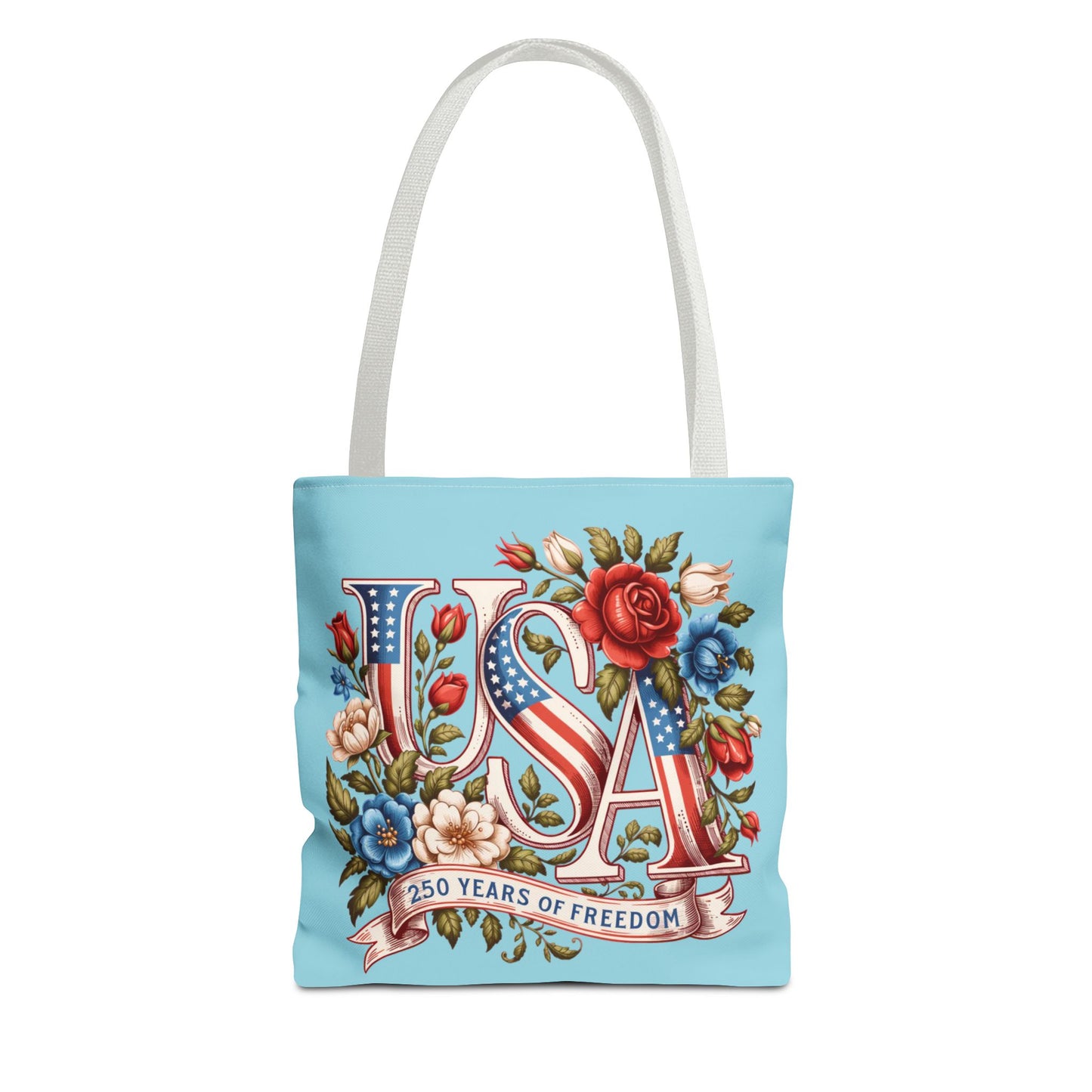 Floral USA -- Happy 250th Birthday America Tote Bag — Patriotic 4th of July Celebration Tote