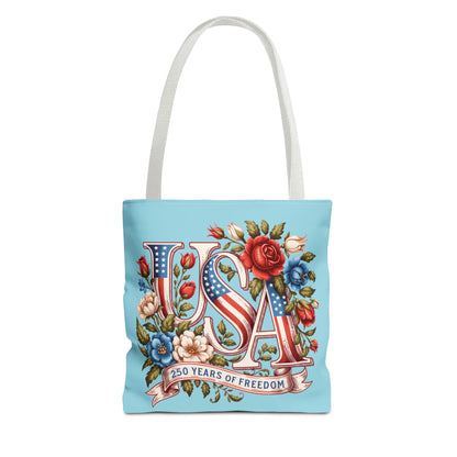 Floral USA -- Happy 250th Birthday America Tote Bag — Patriotic 4th of July Celebration Tote